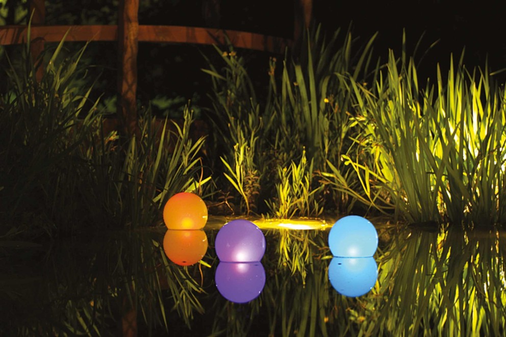 
			Inspiration 7 Photo de nuit d&lsquo;un bassin avec des lampes flottantes de différentes couleurs et un éclairage subaquatique devant différentes plantes aquatiques

		