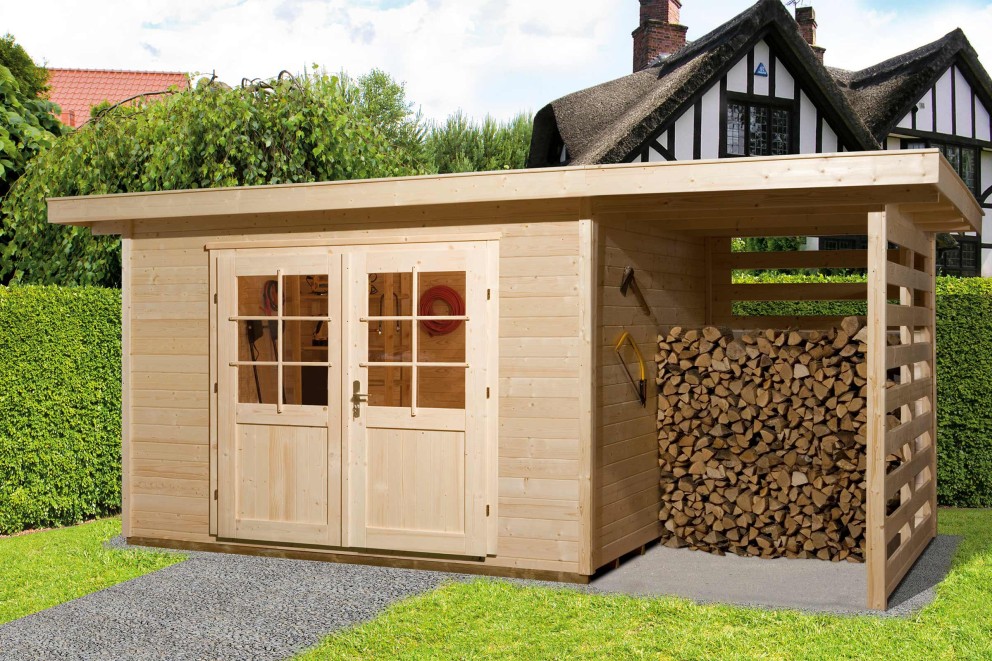 
			Gartenhaus mit Holzlagerung

		