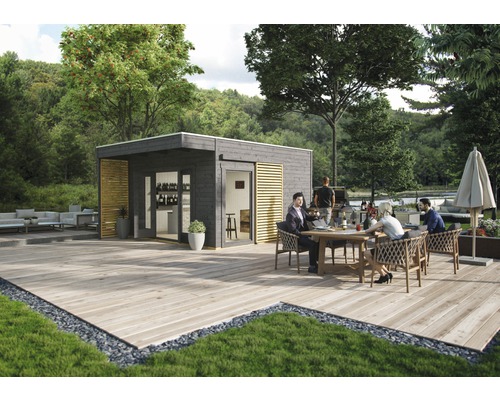 Gartenhaus SKAN HOLZ Tokio 4 mit KSK-M Dachbahn und Fussboden 402x402 cm grau