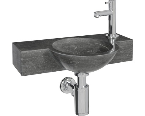 Handwaschbecken - Set inkl. Standventil OERAL Naturstein ohne Beschichtung schwarz 40x23 cm