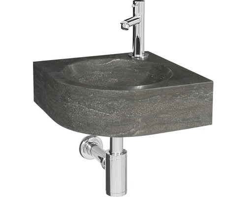 Lave-mains - Ensemble comprenant robinet de lave-mains WOLGA pierre naturelle sans revêtement noir 30x30 cm