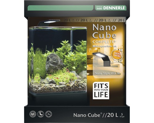 Aquarium DENNERLE Nano Cube Complete+ 20 l - Style LED M mit LED-Beleuchtung, Bodengrund, Filter, Rückwand, Thermometer