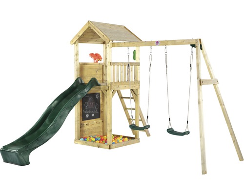 Spielturm Aussichtsturm plum Holz mit Doppelschaukel, Sandkasten, Fernglas, Telefon, Kletterwand, Kreidetafel und Rutsche grün