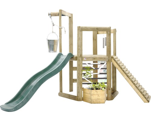 Spielturm plum Discovery mit Leiter, Holzrampe, Brüstung, Eimer und Rutsche grün