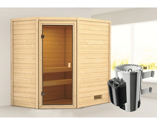 Sauna Woodfeeling Jella inkl.3,6 kW Ofen u.integr.Steuerung ohne Dachkranz mit bronzierter Ganzglastüre