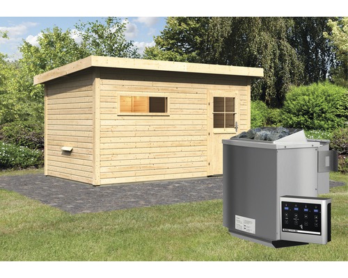 Saunahaus Woodfeeling Aplit 3 inkl.9 kW Bio Ofen u.ext.Steuerung mit Vorraum und Holztüre mit Isolierglas wärmegedämmt