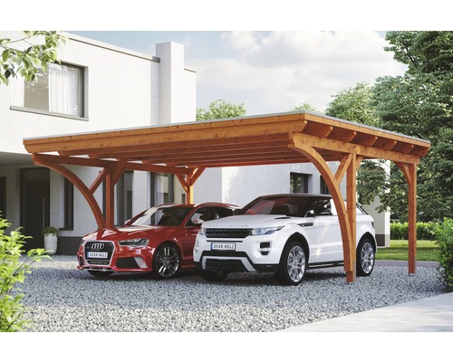 Carport double Konsta panneaux de toiture en aluminium 2 arches et ancrage H compris 618x500 cm chêne clair
