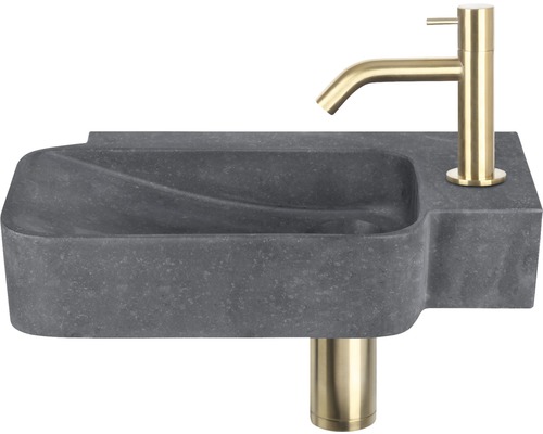 Handwaschbecken - Set inkl. Standventil gold REBA Naturstein ohne Beschichtung schwarz 36x19 cm