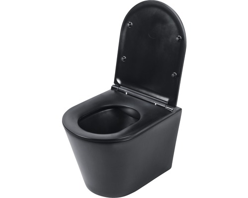 Kit WC suspendu sans bride de rinçage noir mat avec abattant WC