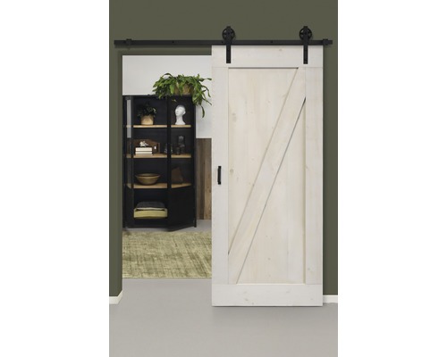 Set complet pour porte coulissante Barn Door Vintage ZBrace blanc rayons 95x215 cm avec vantail, ferrure pour porte coulissante et jeu de poignées