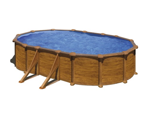 Aufstellpool Stahlwandpool-Set Planet Pool Solo oval 610x375x132 cm inkl. Einbauskimmer Holzoptik