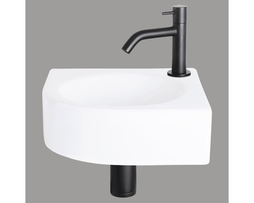 Handwaschbecken - Set inkl. Standventil schwarz WOLGA Sanitärkeramik emailliert weiss 30x30 cm