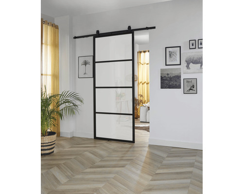 Set complet de porte coulissante Basic -Top Cubo noir avec verre satiné 98x215 cm, avec vantail de porte, ferrure pour porte coulissante Basic Top et ensemble poignée