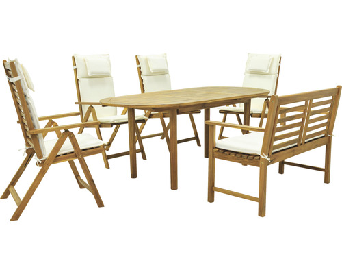 Gartenmöbelset Garden Place Naomi 6-teilig bestehend aus: 4x Stühle, Bank, Tisch Holz Akazie geölt klappbar Ausziehtisch