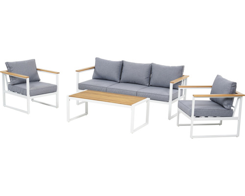 Gartenmöbel Set Lina 5-Sitzer bestehend aus: Bank, Tisch, 2 Sessel Alu Holzoptik weiss