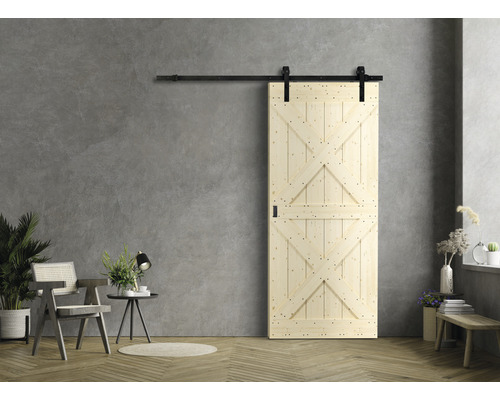Kit complet pour porte coulissante Barn Door motif X épicéa 79x210 cm avec vantail, ferrure pour porte coulissante et kit de poignée