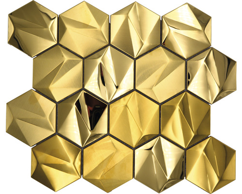Metallmosaik HXM 30GO Hexagon 3D Stahl Gold glänzend 25,7x29,7cm